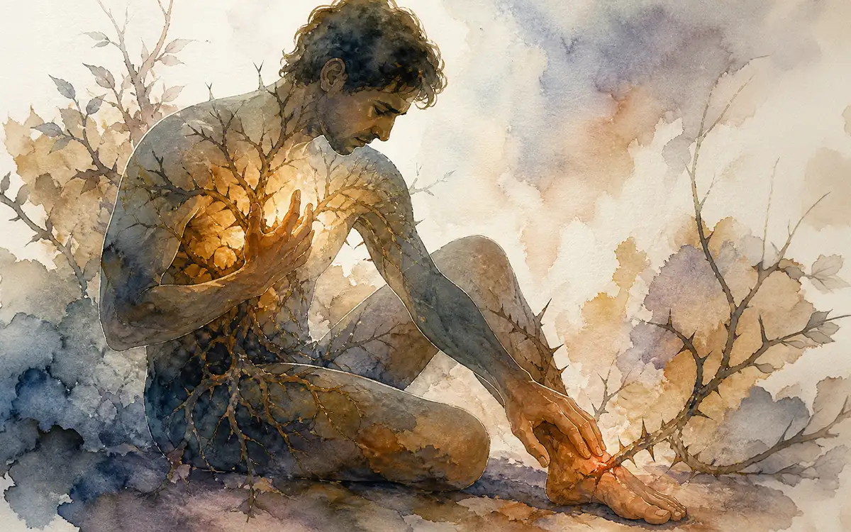 Homem sentado no chão segura o pé com expressão de dor enquanto espinhos se espalham pelo corpo; luz suave no peito contrasta com o desconforto, em ilustração em aquarela de tom simbólico