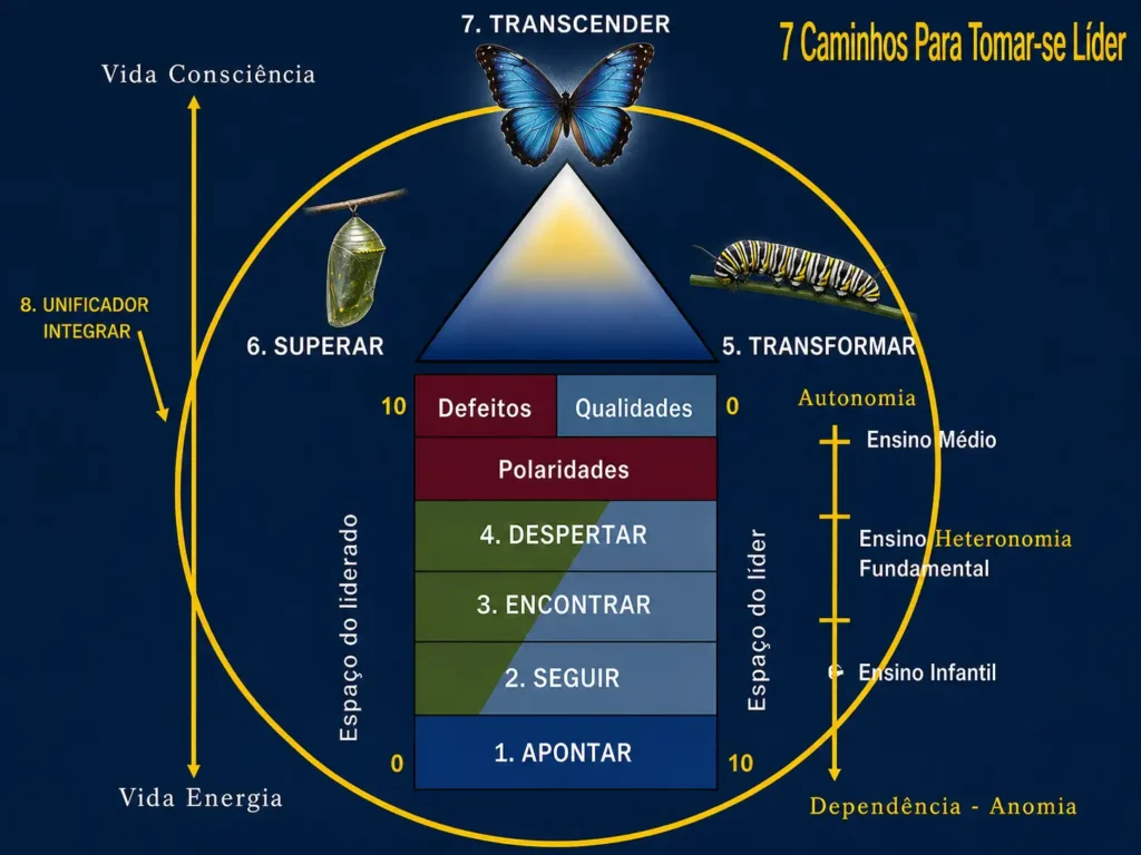 Diagrama conceitual em formato triangular dentro de um círculo, ilustrando os sete caminhos para se tornar líder. Mostra etapas como apontar, seguir, encontrar, despertar, transformar, superar e transcender, além da integração entre defeitos e qualidades. Inclui símbolos de metamorfose como lagarta, casulo e borboleta, representando evolução, autonomia e consciência.