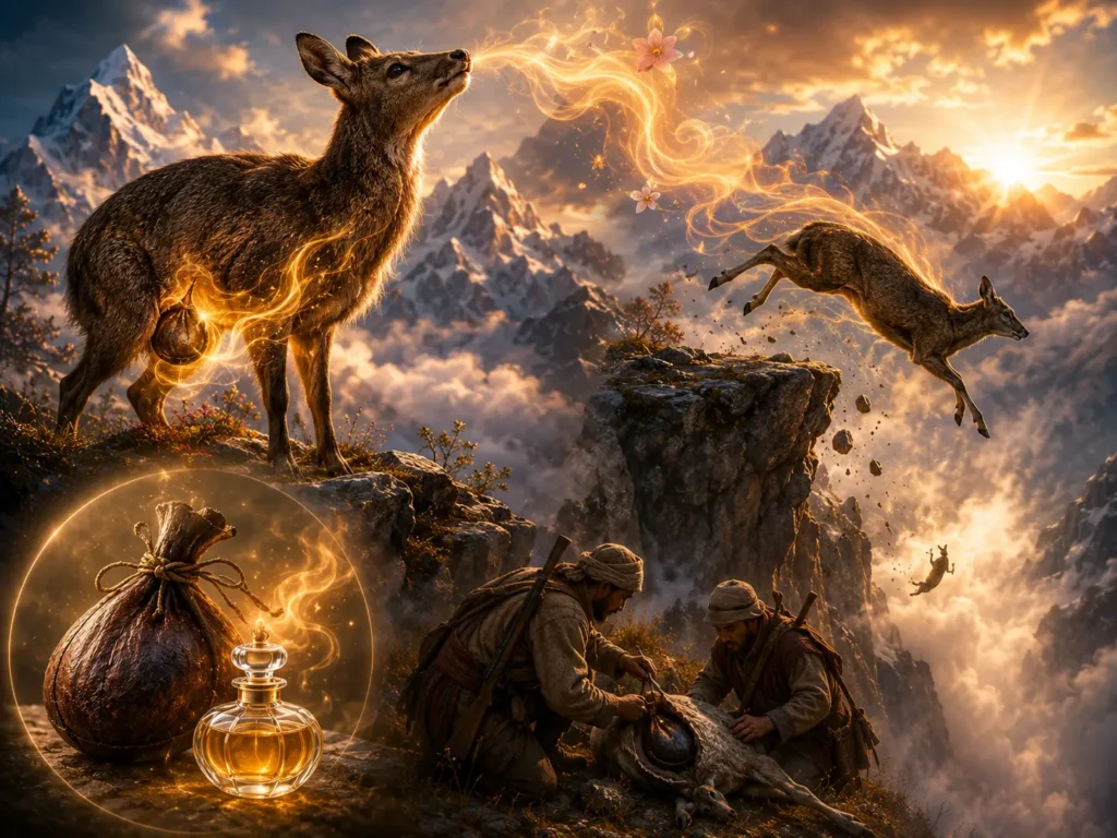 Ilustração simbólica de uma corça em uma paisagem montanhosa iluminada pelo nascer do sol. Raios dourados fluem de seu coração e de seu sopro, conectando-a a uma flor e a outra corça que salta entre rochedos. Na parte inferior, duas pessoas retiram cuidadosamente um recipiente do interior do animal, enquanto um frasco de perfume representa a transformação do almíscar em essência. A composição utiliza luzes douradas para simbolizar amor, transcendência, sacrifício e a transformação da natureza em cuidado e beleza.