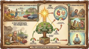 Infográfico ilustrando a evolução da busca pela felicidade. A imagem compara o PIB (Produto Interno Bruto), o FIB (Felicidade Interna Bruta) e o FIP (Felicidade Interna Plena), mostrando que a verdadeira felicidade nasce do autoconhecimento, do equilíbrio entre corpo, mente e espírito e da transformação interior, e não apenas da riqueza material.