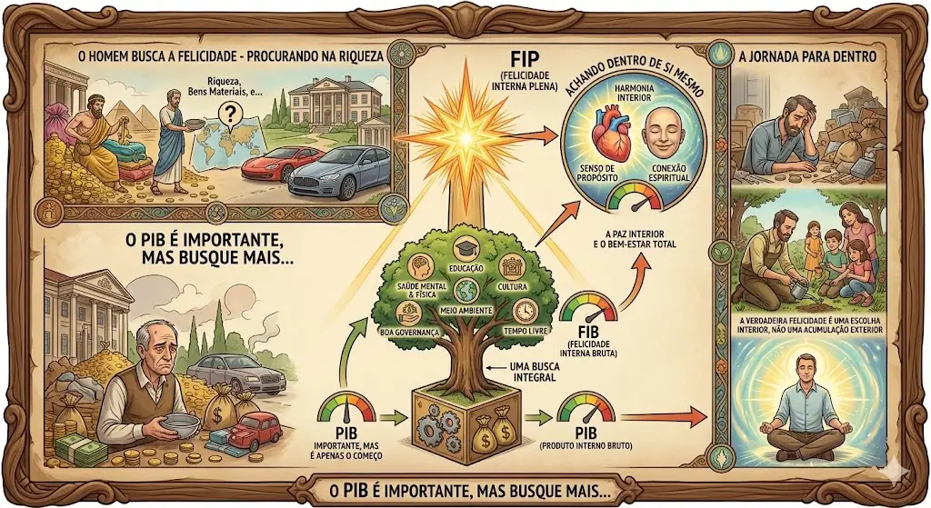 Infográfico ilustrando a evolução da busca pela felicidade. A imagem compara o PIB (Produto Interno Bruto), o FIB (Felicidade Interna Bruta) e o FIP (Felicidade Interna Plena), mostrando que a verdadeira felicidade nasce do autoconhecimento, do equilíbrio entre corpo, mente e espírito e da transformação interior, e não apenas da riqueza material.