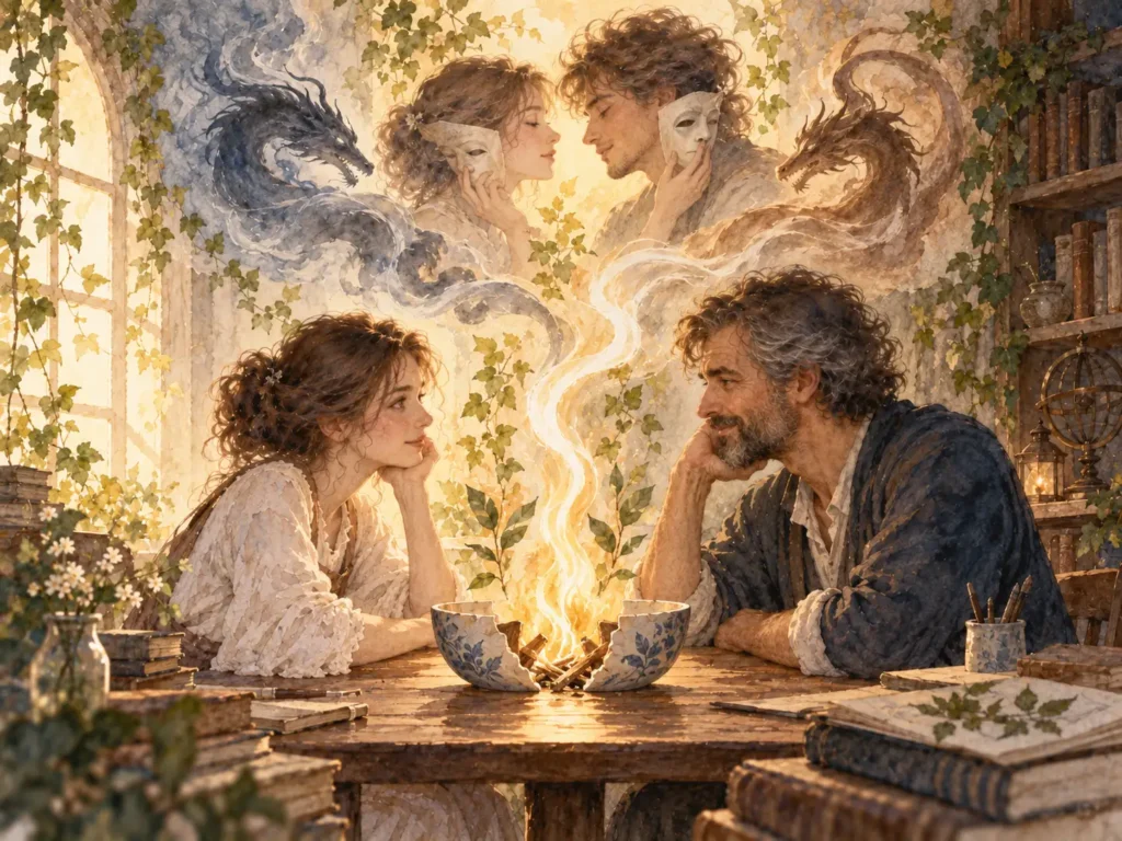 Ilustração em aquarela de um casal frente a frente, com máscaras e dragões ao fundo e uma chama surgindo entre duas xícaras quebradas sobre a mesa.