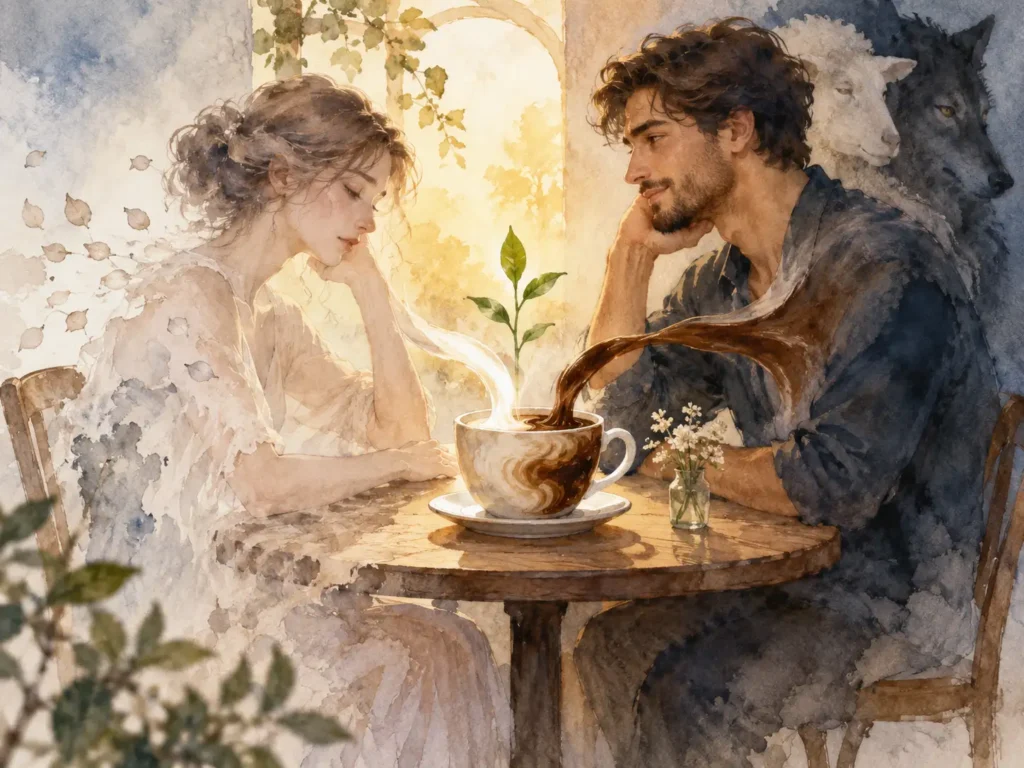 Ilustração em aquarela de um casal diante de uma xícara de café com leite, enquanto ao fundo surgem as figuras simbólicas de uma ovelha e um lobo.