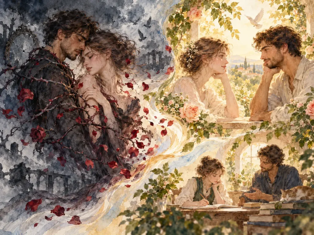 Ilustração em aquarela que contrasta um casal envolvido por espinhos e pétalas escuras com o mesmo casal em uma relação serena e equilibrada, além de uma cena de aprendizagem entre duas pessoas.