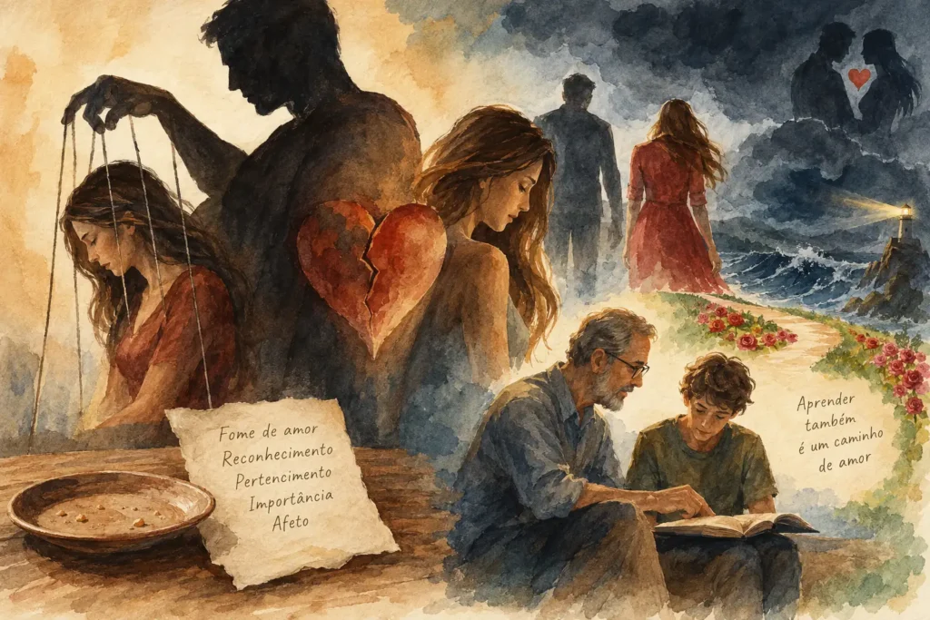 Ilustração em aquarela sobre relações de dominação e submissão, com uma mulher manipulada como marionete, um coração partido, um casal distante e uma cena de professor e aluno.
