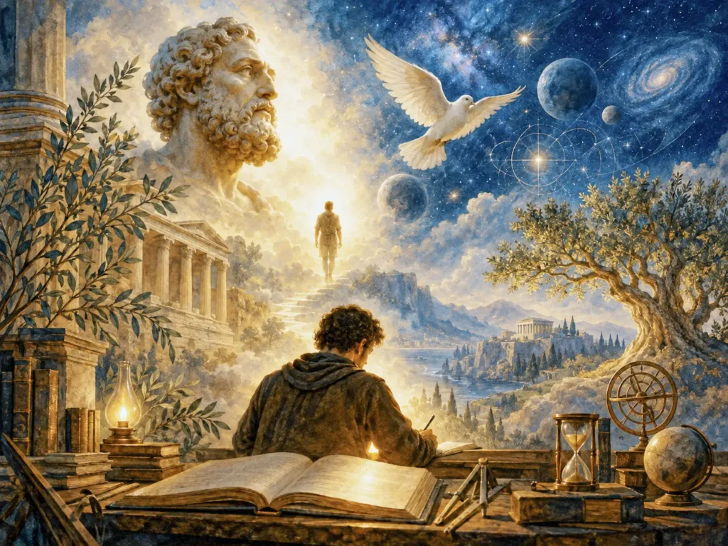Ilustração em aquarela de um homem estudando diante de livros, enquanto uma escadaria iluminada conduz a uma figura humana entre símbolos de filosofia, ciência e universo.